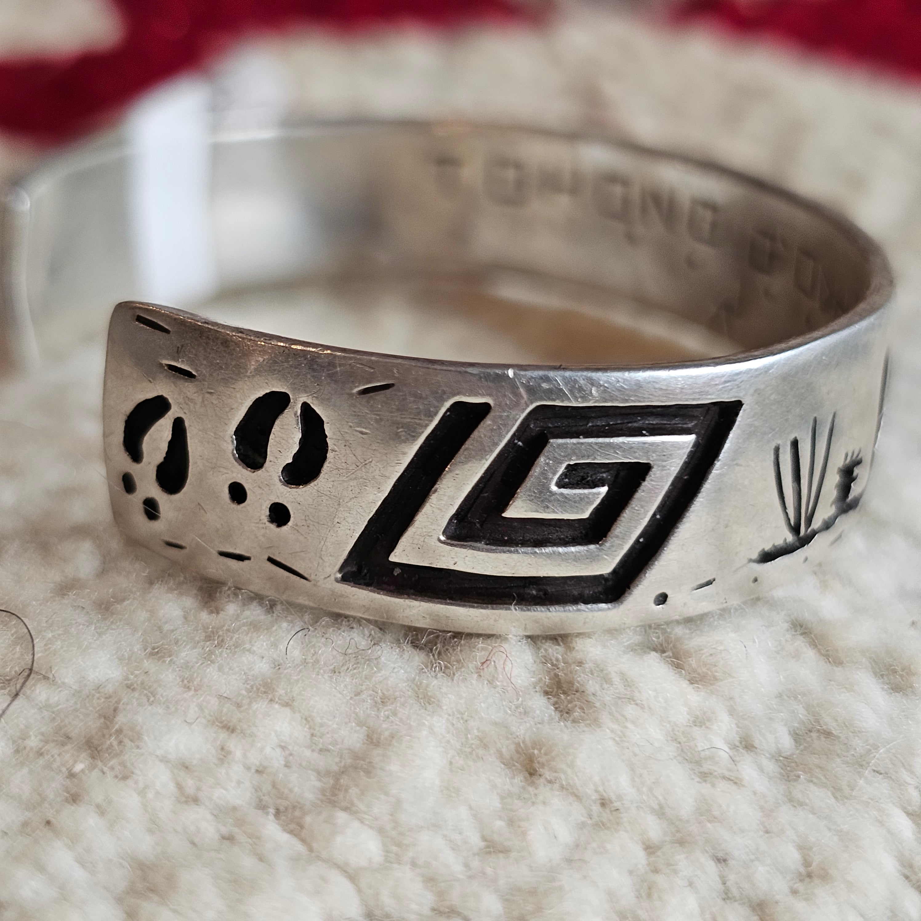Signed Mystery Figure Vintage Native Silver Overlay Sterling Cuff  sz 6 1/2"  JB 323