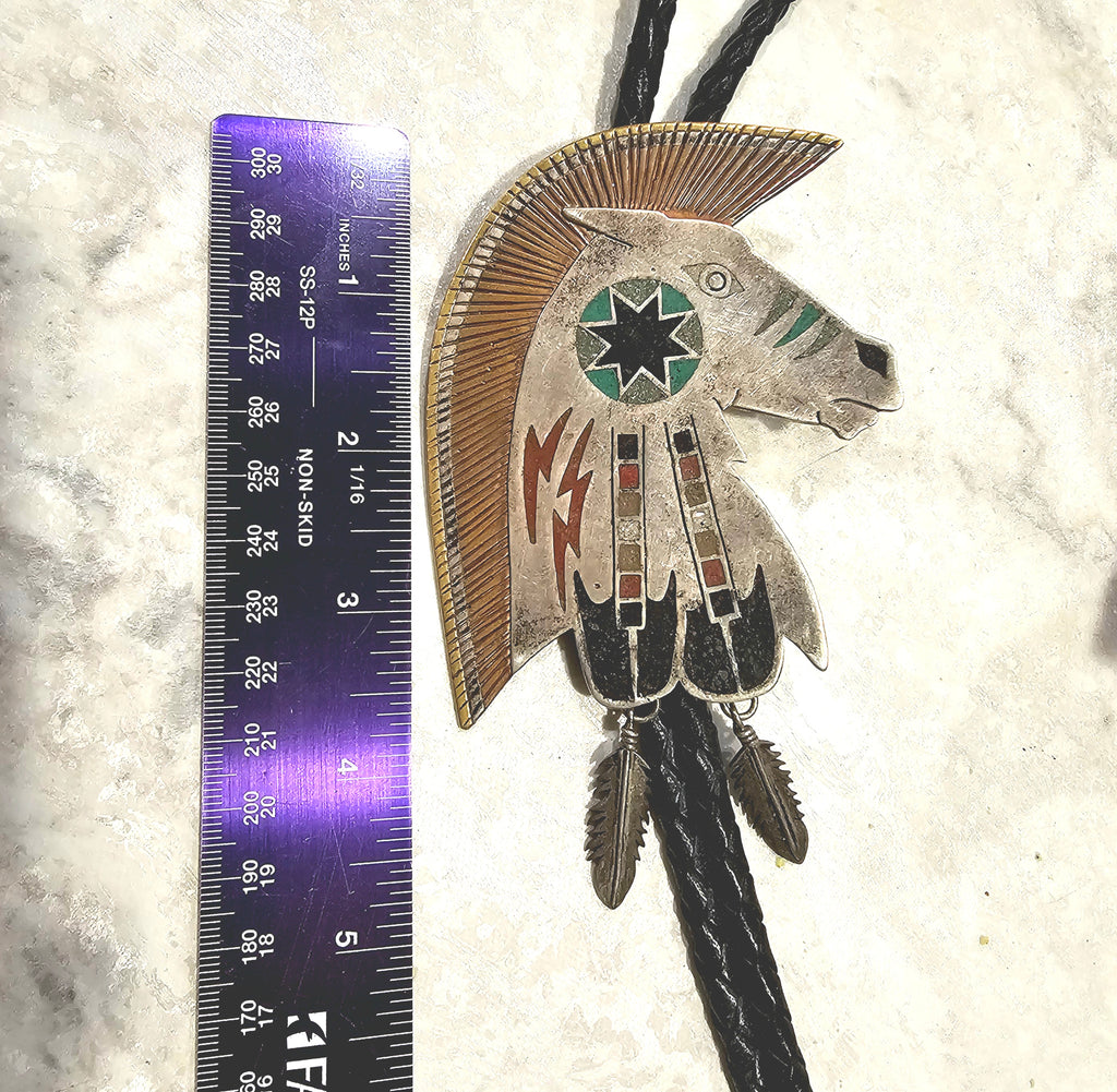 Give Away Horse Bolo Vintage Native Sterling & Copper & Brass & Inlay JBO 164