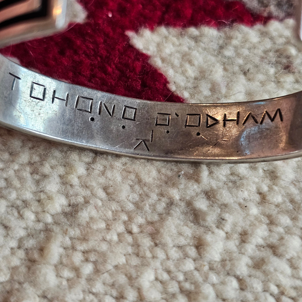 Signed Mystery Figure Vintage Native Silver Overlay Sterling Cuff  sz 6 1/2"  JB 323