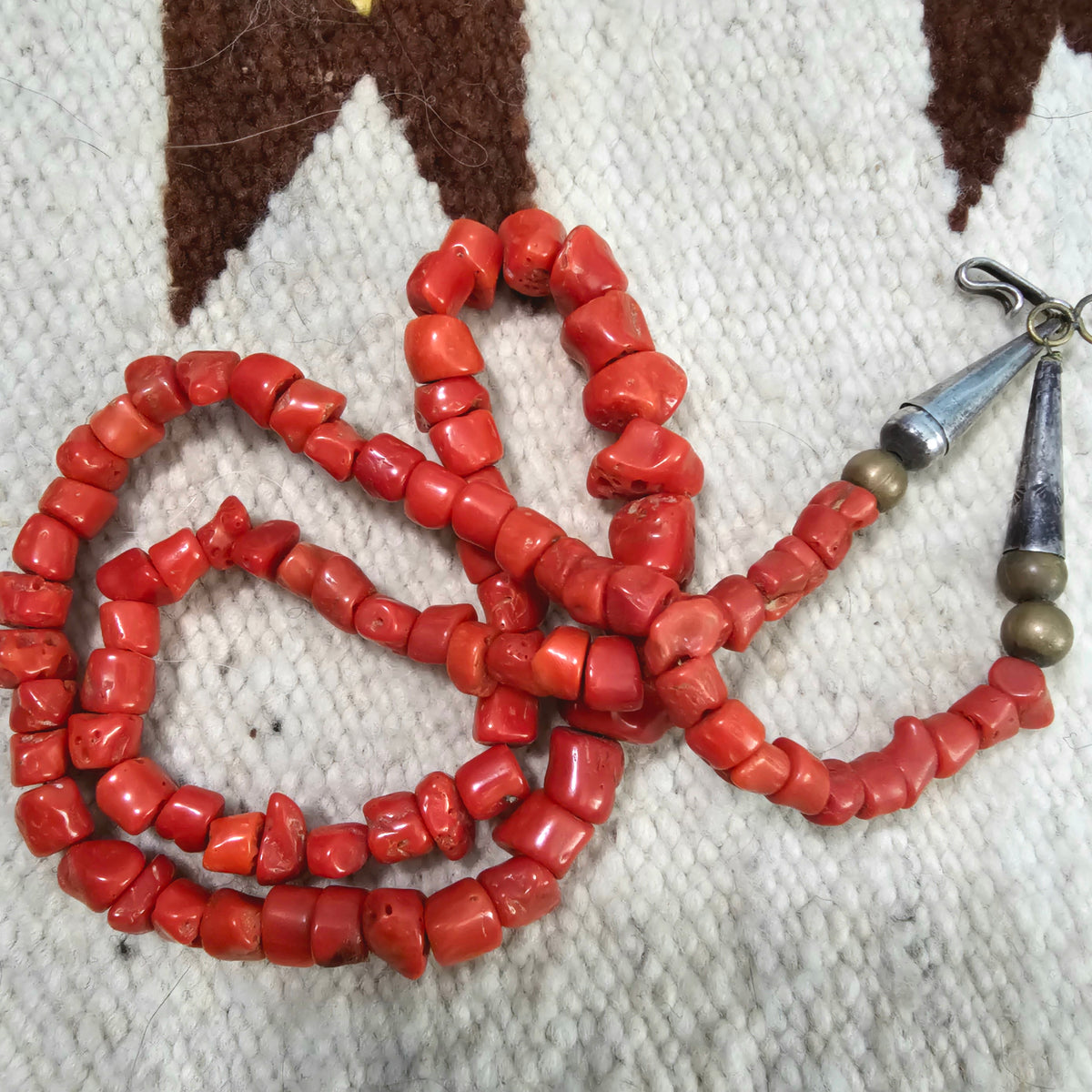 C1940s Vintage Pueblo Coral Heishi Necklace 24" Old Pawn Sterling.  JN 858