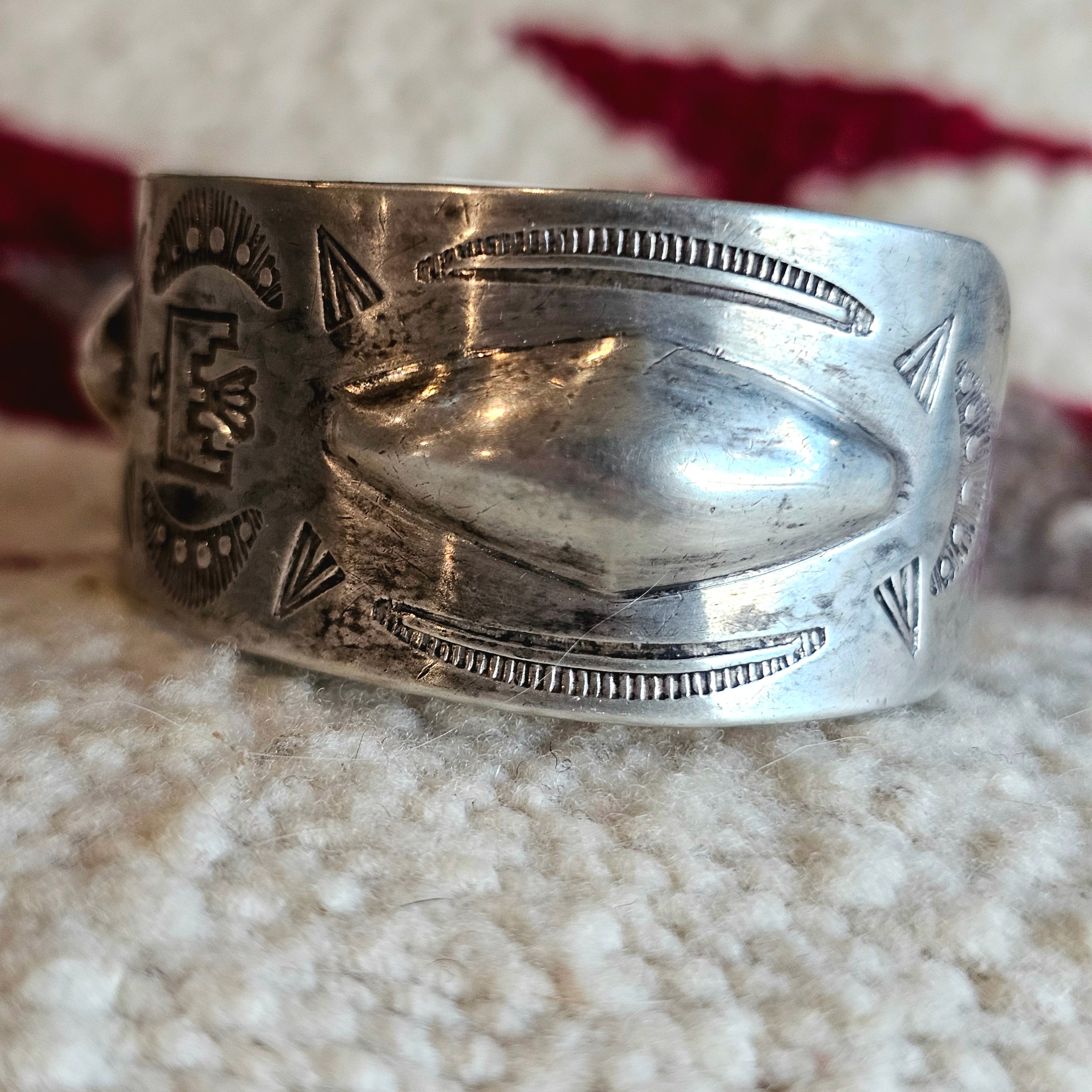 Wide Thunderbirds & Bump Outs Punchwork Decorated Vintage Larger Cuff Native Sterling Old Pawn fits 6 1/2" wrist JB 331