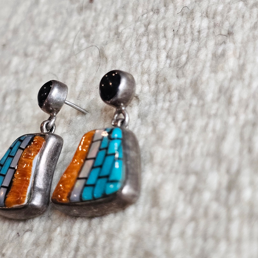 Dramatic Turquoise,  Onyx & Spiny Oyster Inlay Zuni Earrings Old Pawn 1 1/2"  JE 281