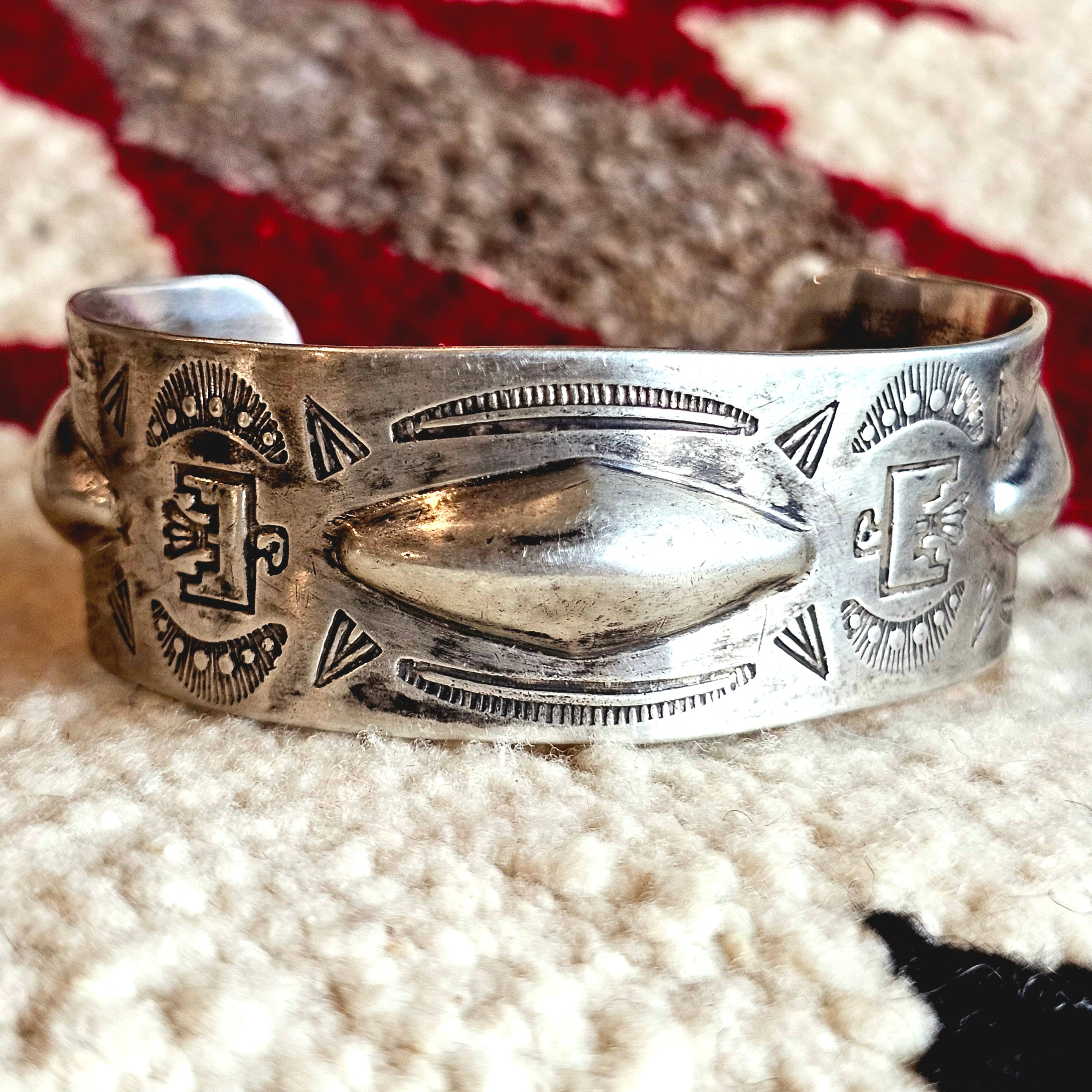 Wide Thunderbirds & Bump Outs Punchwork Decorated Vintage Larger Cuff Native Sterling Old Pawn fits 6 1/2" wrist JB 331