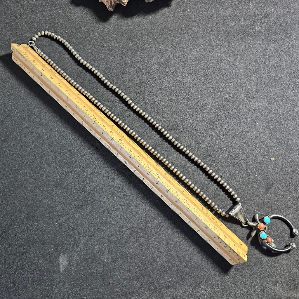 Naja Squash Blossom Turquoise & Coral Native Sterling Necklace  Old Pawn C1970s JN 803