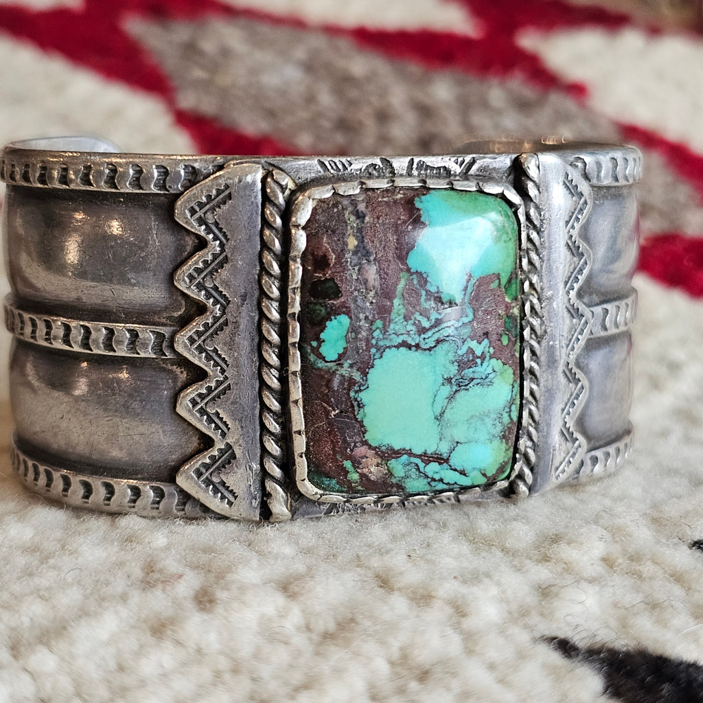 Wide Forged Silver & Turquoise Vintage Native Cuff fits 6 1/2" wrist JB 335