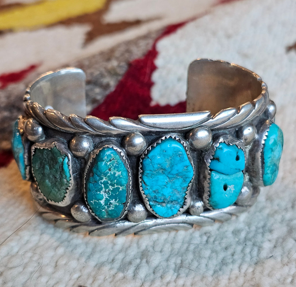 1940s Vintage Drilled Turquoise Sterling Silver Navajo Cuff Bracelet 6 3/4" wrist JB 172