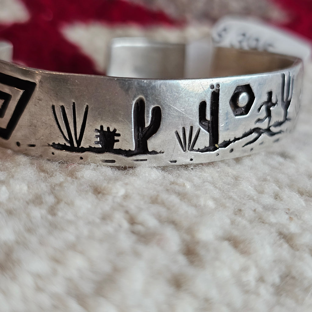 Signed Mystery Figure Vintage Native Silver Overlay Sterling Cuff  sz 6 1/2"  JB 323