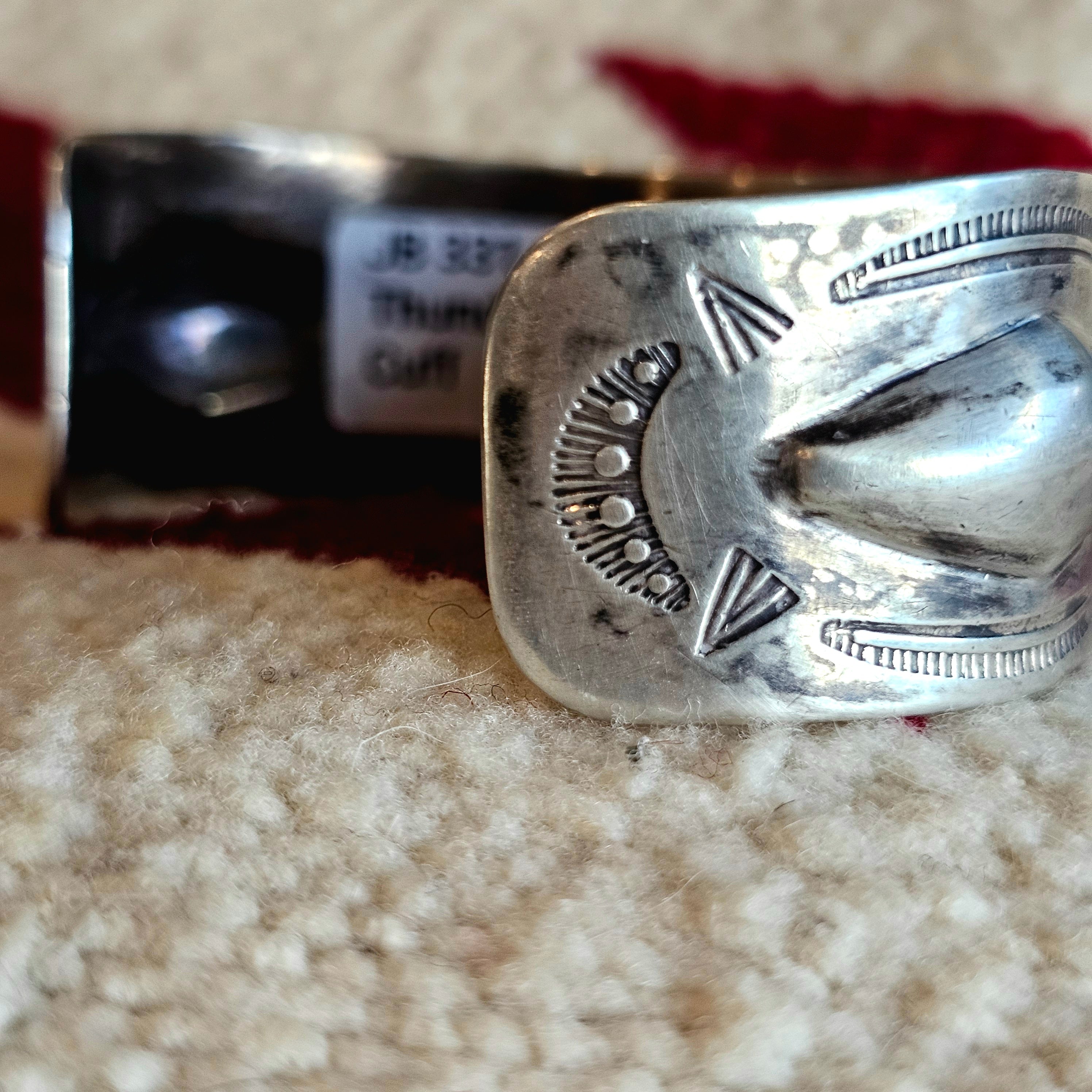 Wide Thunderbirds & Bump Outs Punchwork Decorated Vintage Larger Cuff Native Sterling Old Pawn fits 6 1/2" wrist JB 331