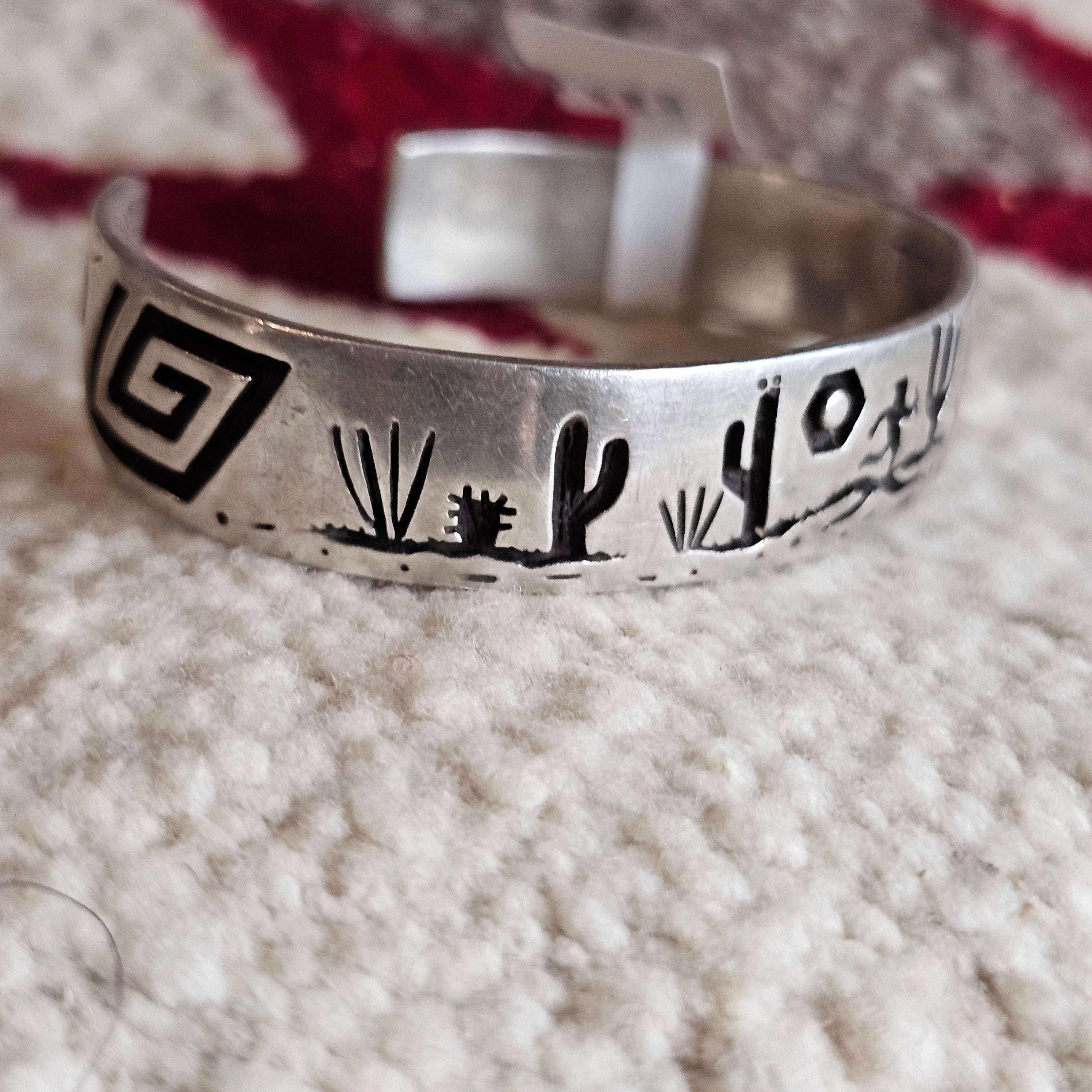 Signed Mystery Figure Vintage Native Silver Overlay Sterling Cuff  sz 6 1/2"  JB 323