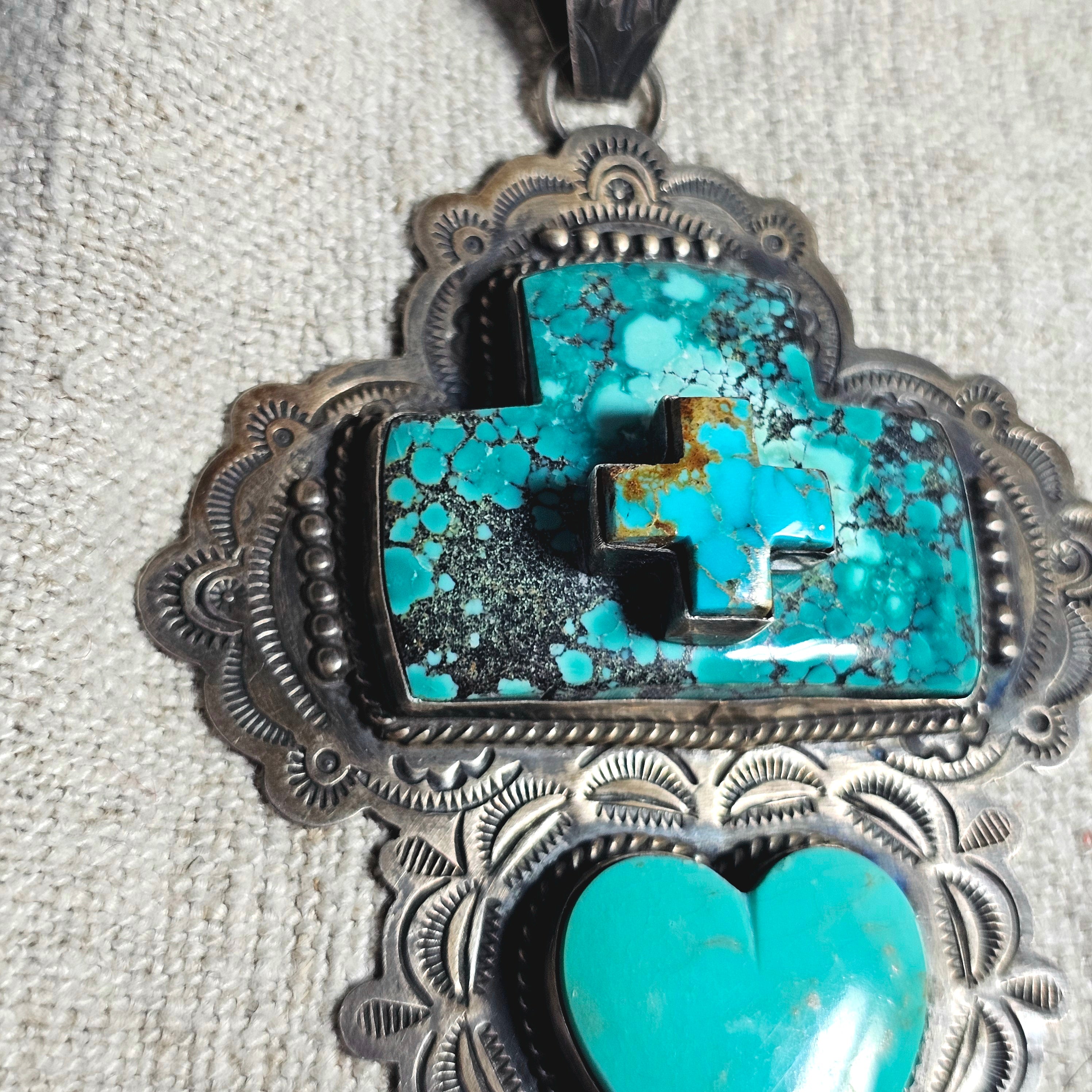 Big Heart & Cross Signed Turquoise Native Pendent Old Pawn Sterling # JPN 150