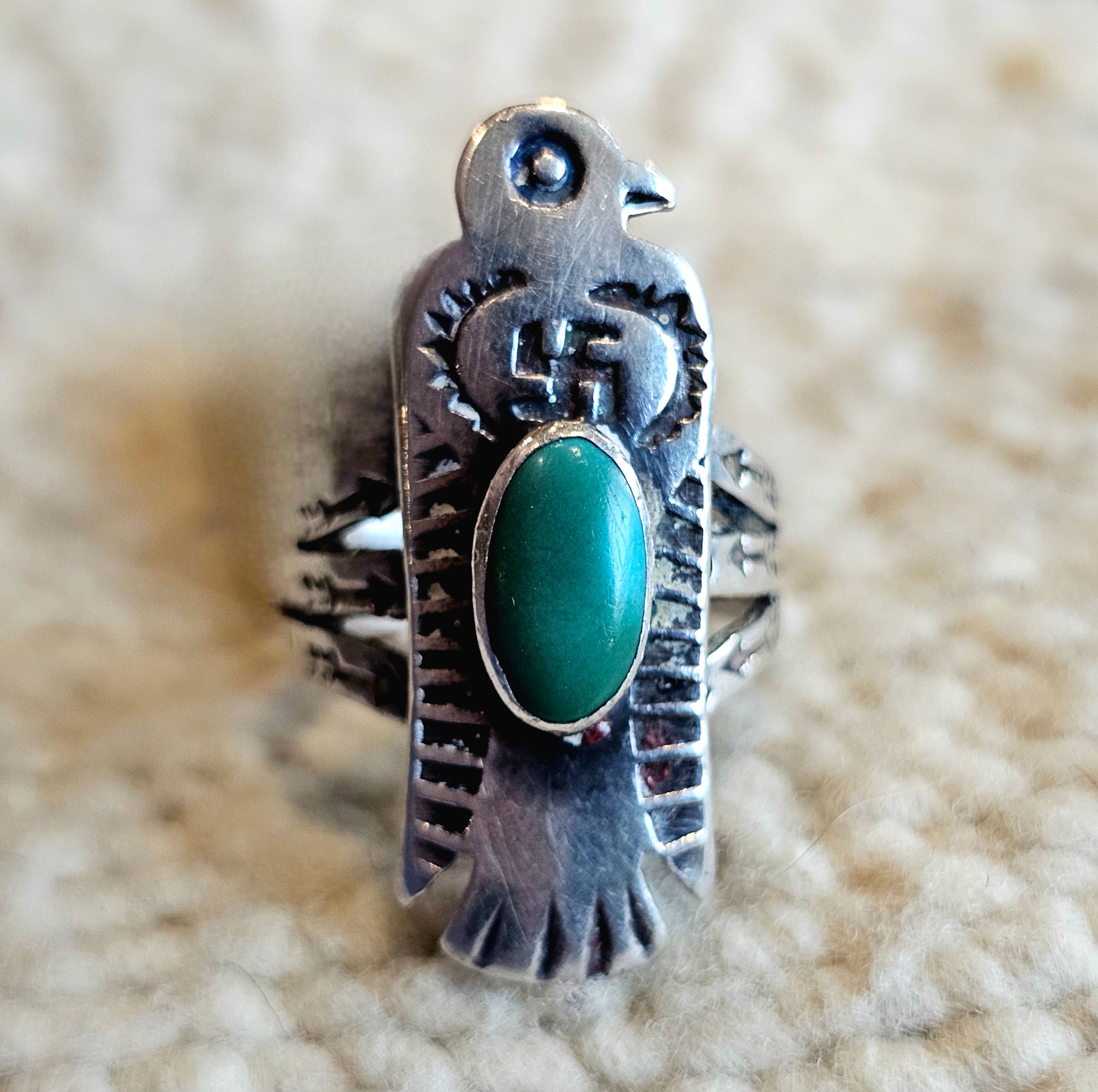 C1930s Thunderbird Shape Vintage Native Ring Turquoise size 5 JR 815