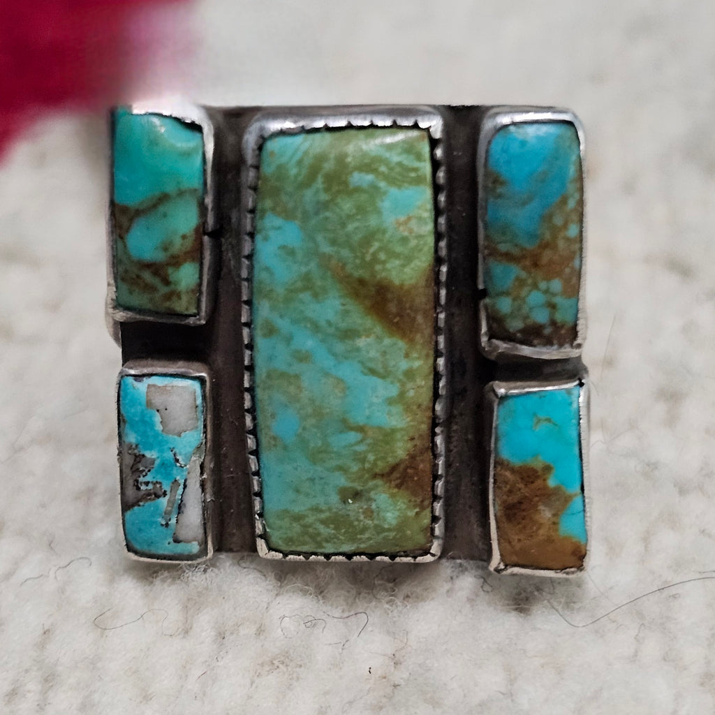 Rectangles of Natural Blue Turquoise Vintage Sterling Ring Size 8 Old Pawn JR 744