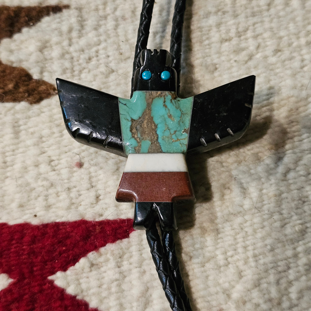 1940s Thunderbird Bolo Turquoise Onyx Vintage Pueblo # JBO 165