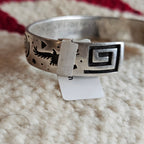 Signed Mystery Figure Vintage Native Silver Overlay Sterling Cuff  sz 6 1/2"  JB 323