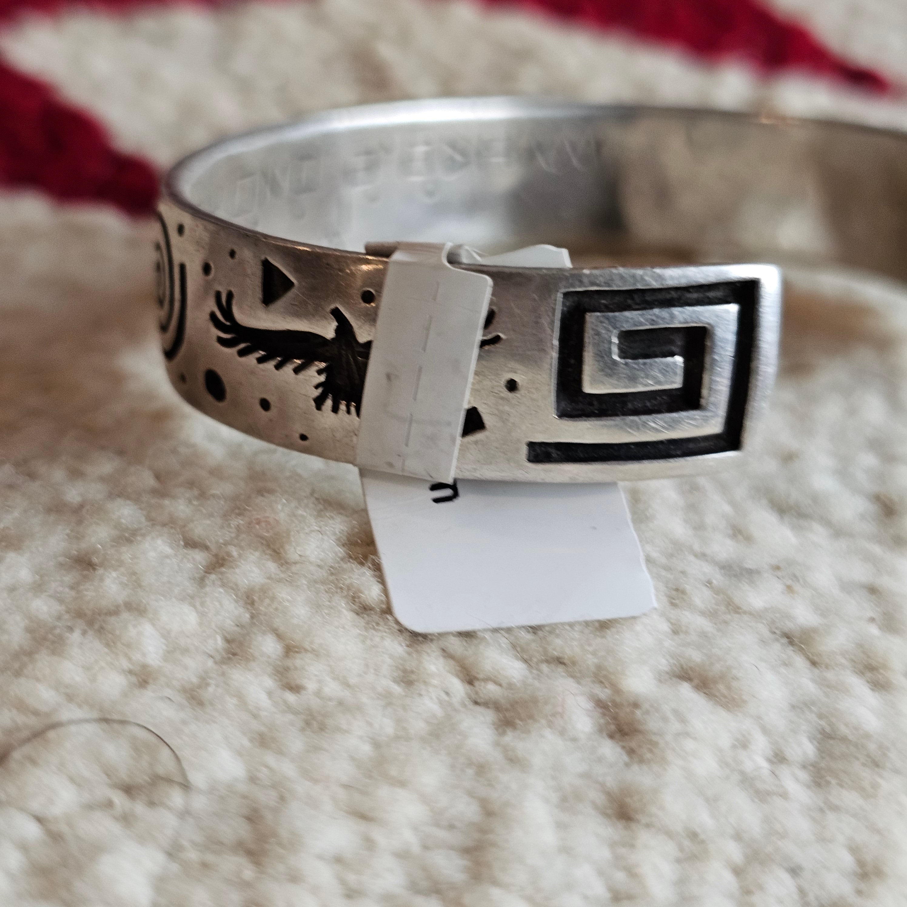 Signed Mystery Figure Vintage Native Silver Overlay Sterling Cuff  sz 6 1/2"  JB 323