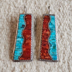 Zuni Turquoise & Coral Inlay Native Earrings Old Pawn 2 1/2"  JE 277