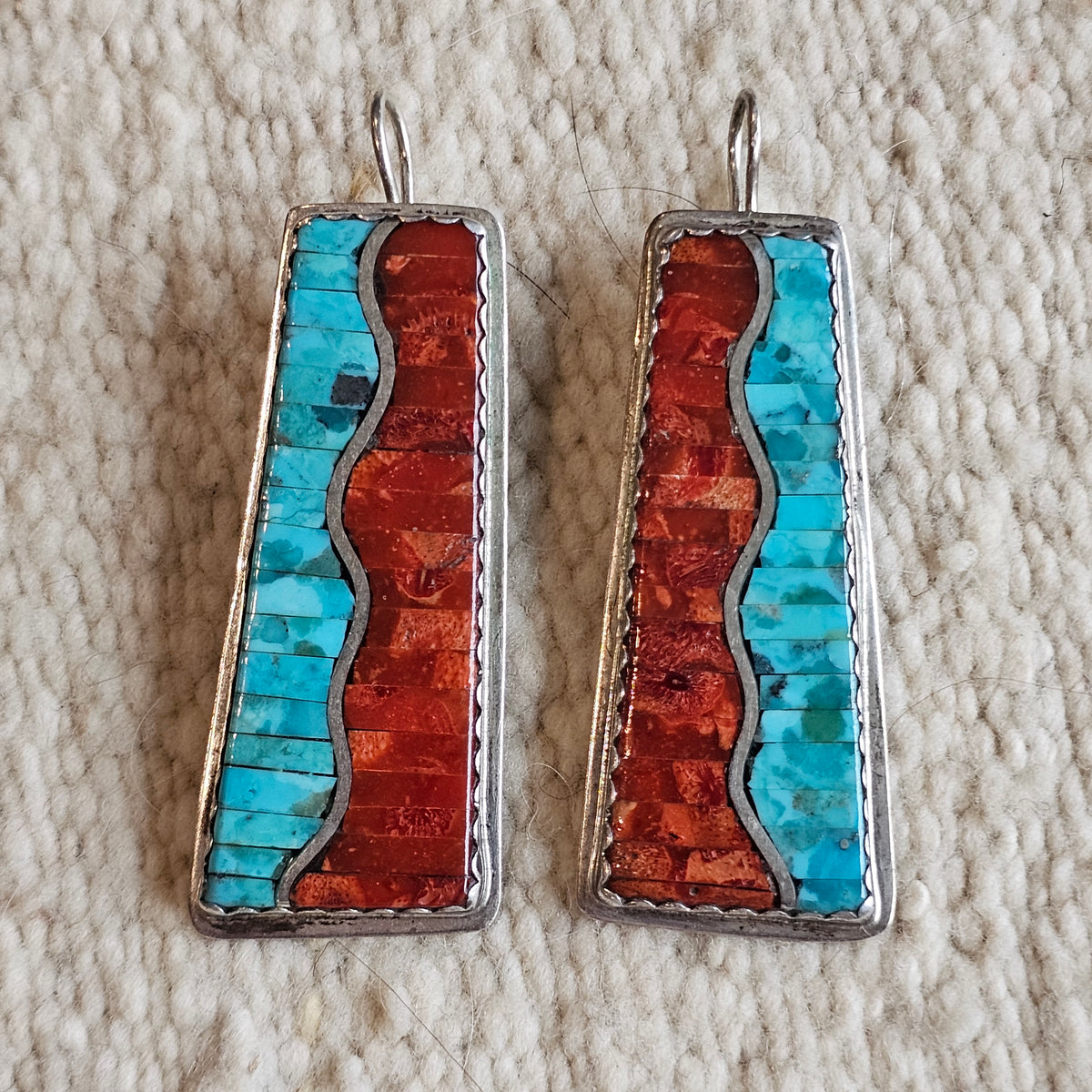Zuni Turquoise & Coral Inlay Native Earrings Old Pawn 2 1/2"  JE 277