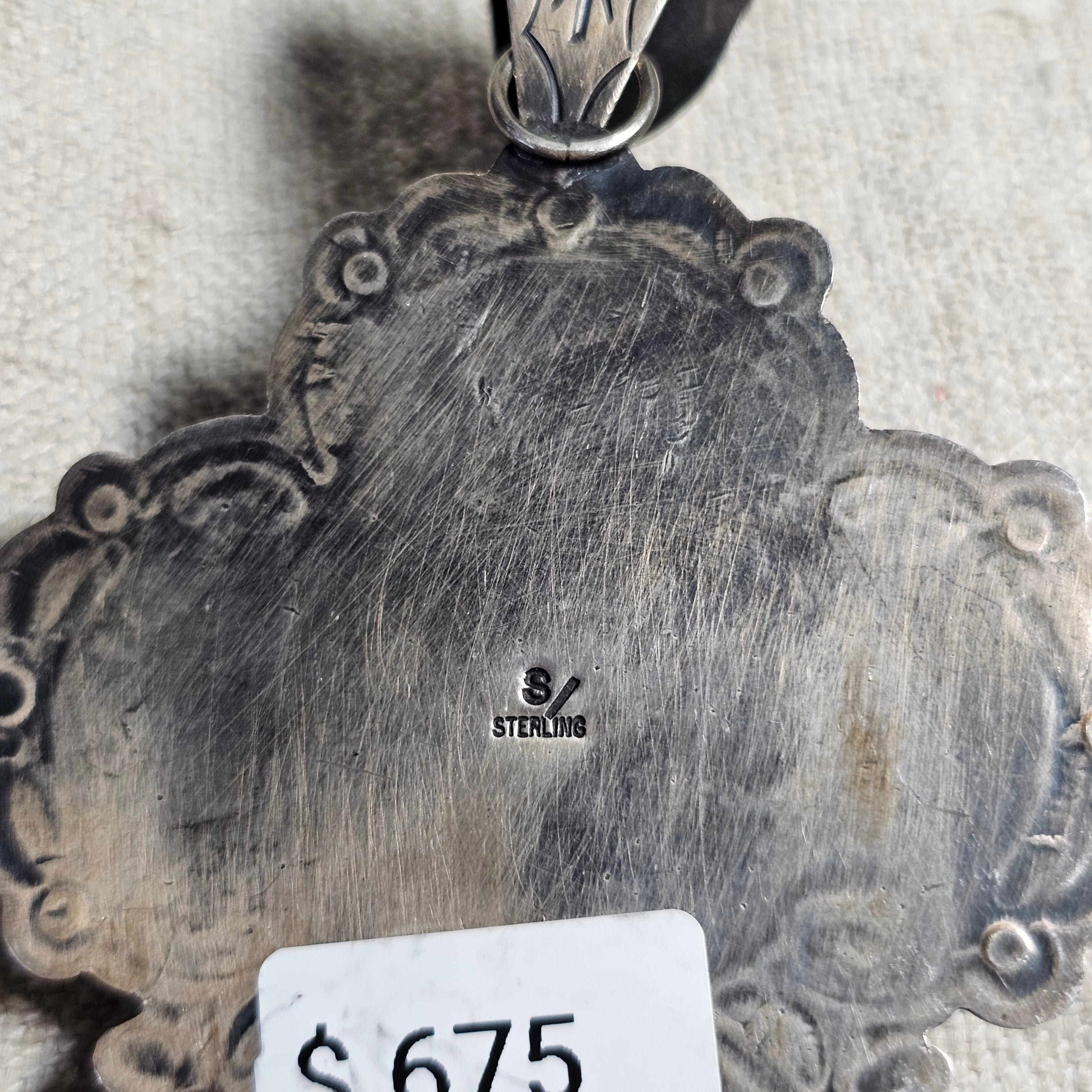 Big Heart & Cross Signed Turquoise Native Pendent Old Pawn Sterling # JPN 150