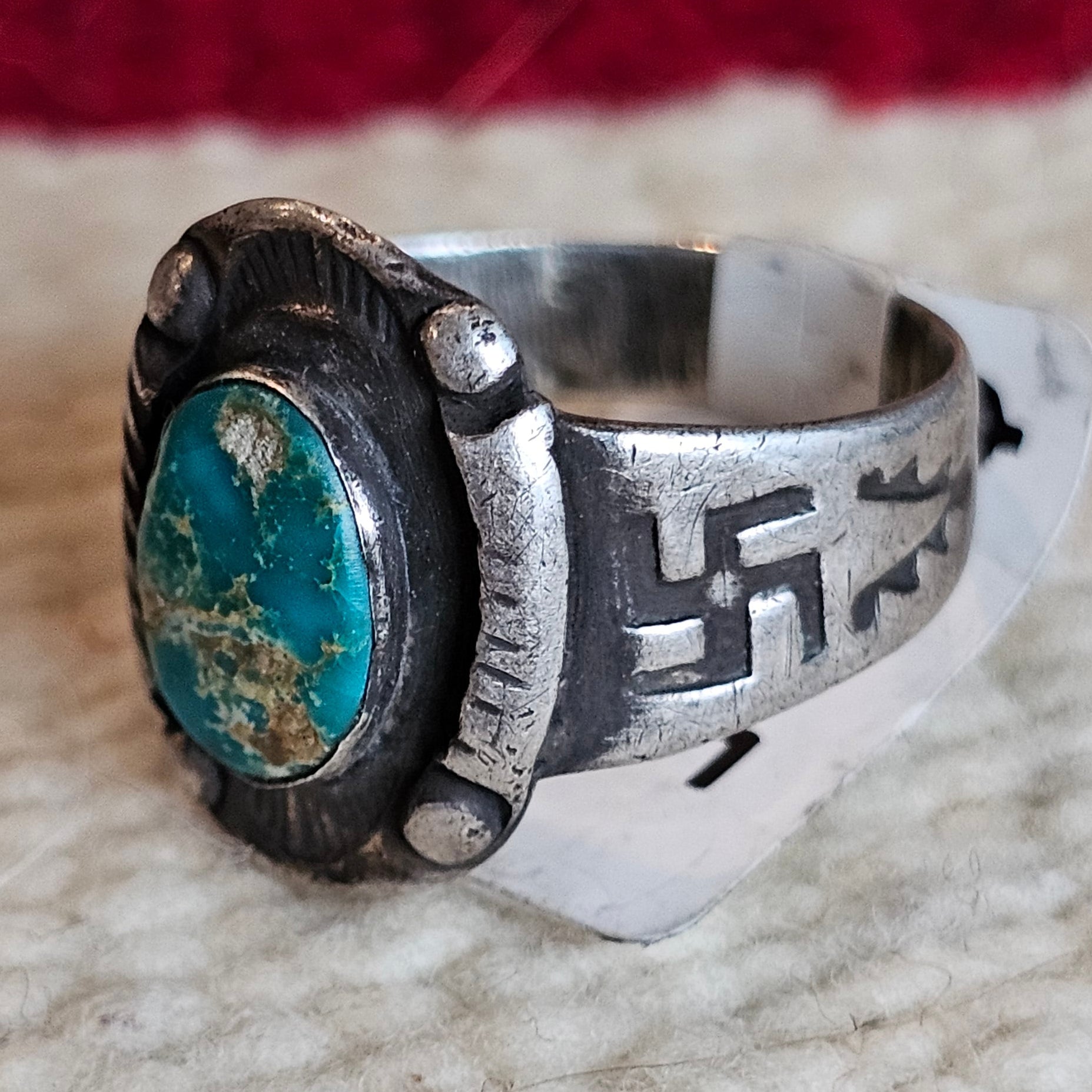 1930s Whirling Log Turquoise Ring size 9. JR 739