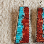 Zuni Turquoise & Coral Inlay Native Earrings Old Pawn 2 1/2"  JE 277