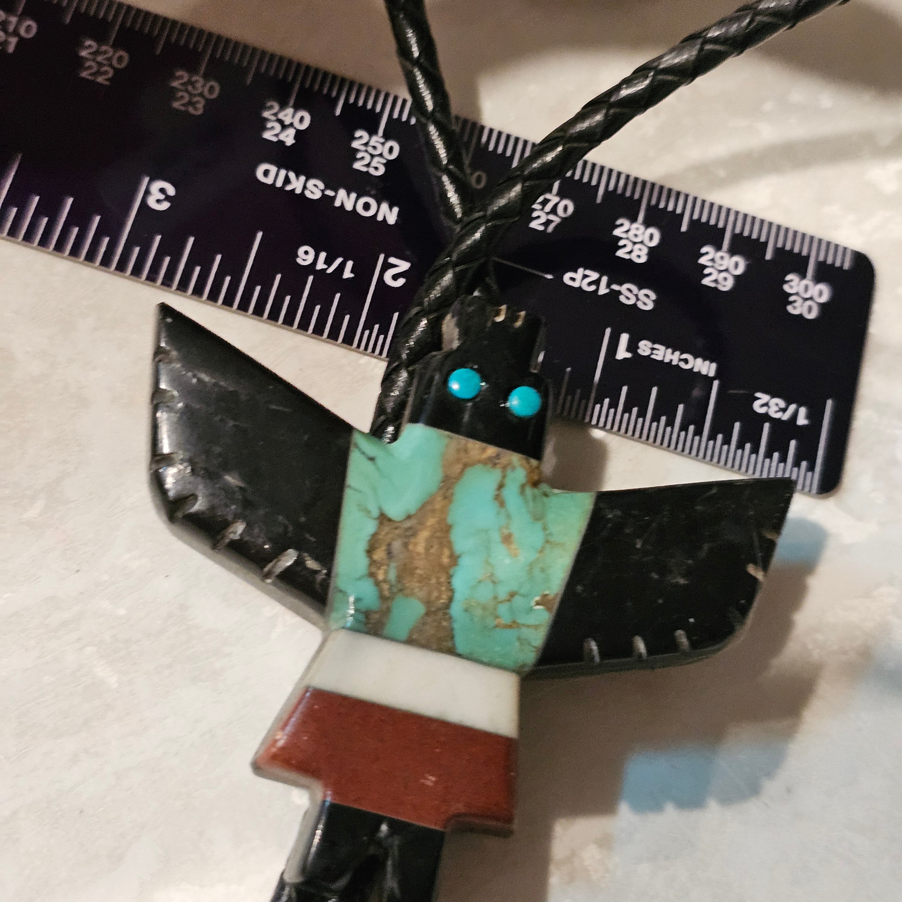 1940s Thunderbird Bolo Turquoise Onyx Vintage Pueblo # JBO 165