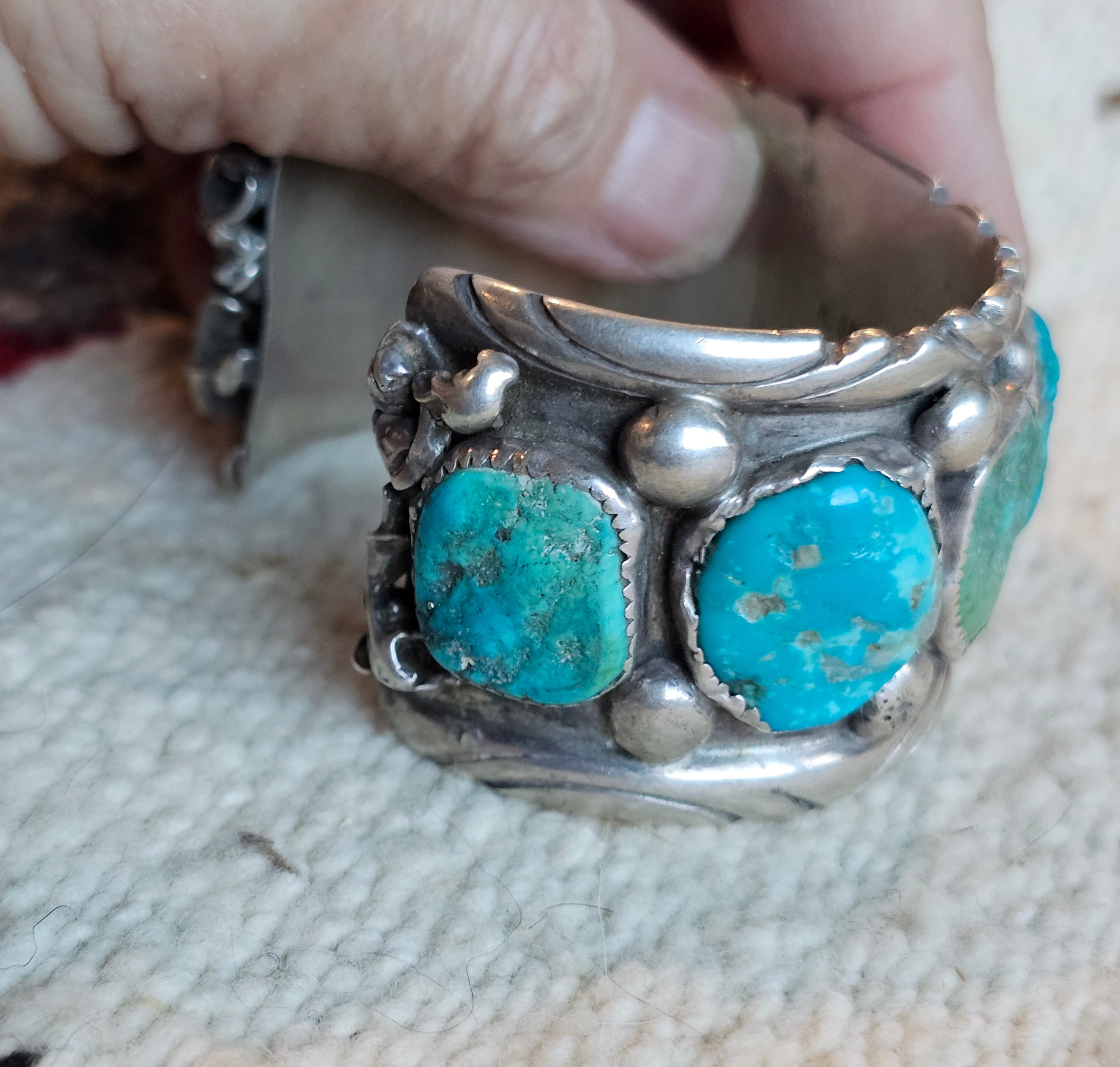 1940s Vintage Drilled Turquoise Sterling Silver Navajo Cuff Bracelet 6 3/4" wrist JB 172