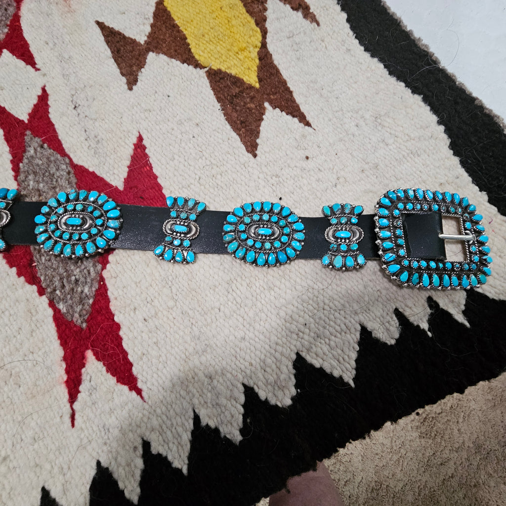 Zuni Signed Vintage Petitpoint Blue Turquoise Concho Belt Sterling Old Pawn. JBL 165