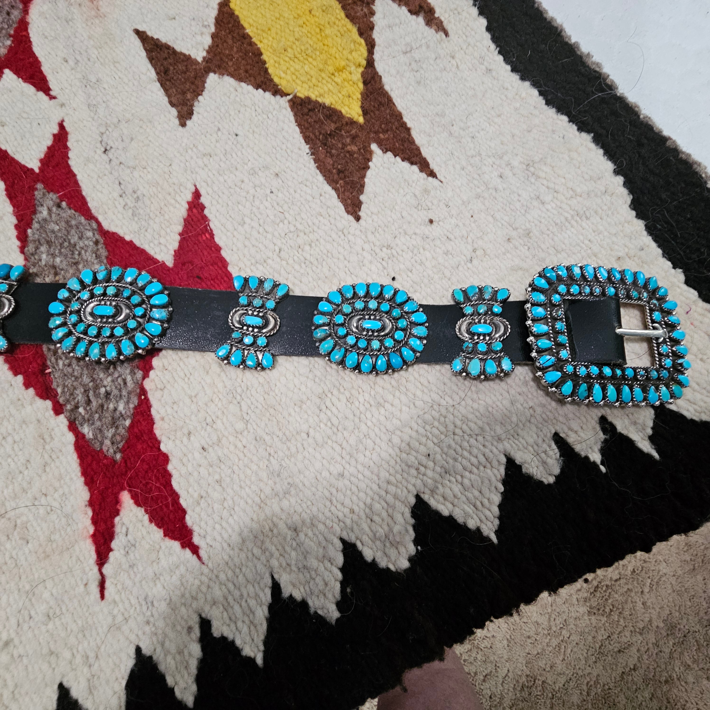 Zuni Signed Vintage Petitpoint Blue Turquoise Concho Belt Sterling Old Pawn. JBL 165