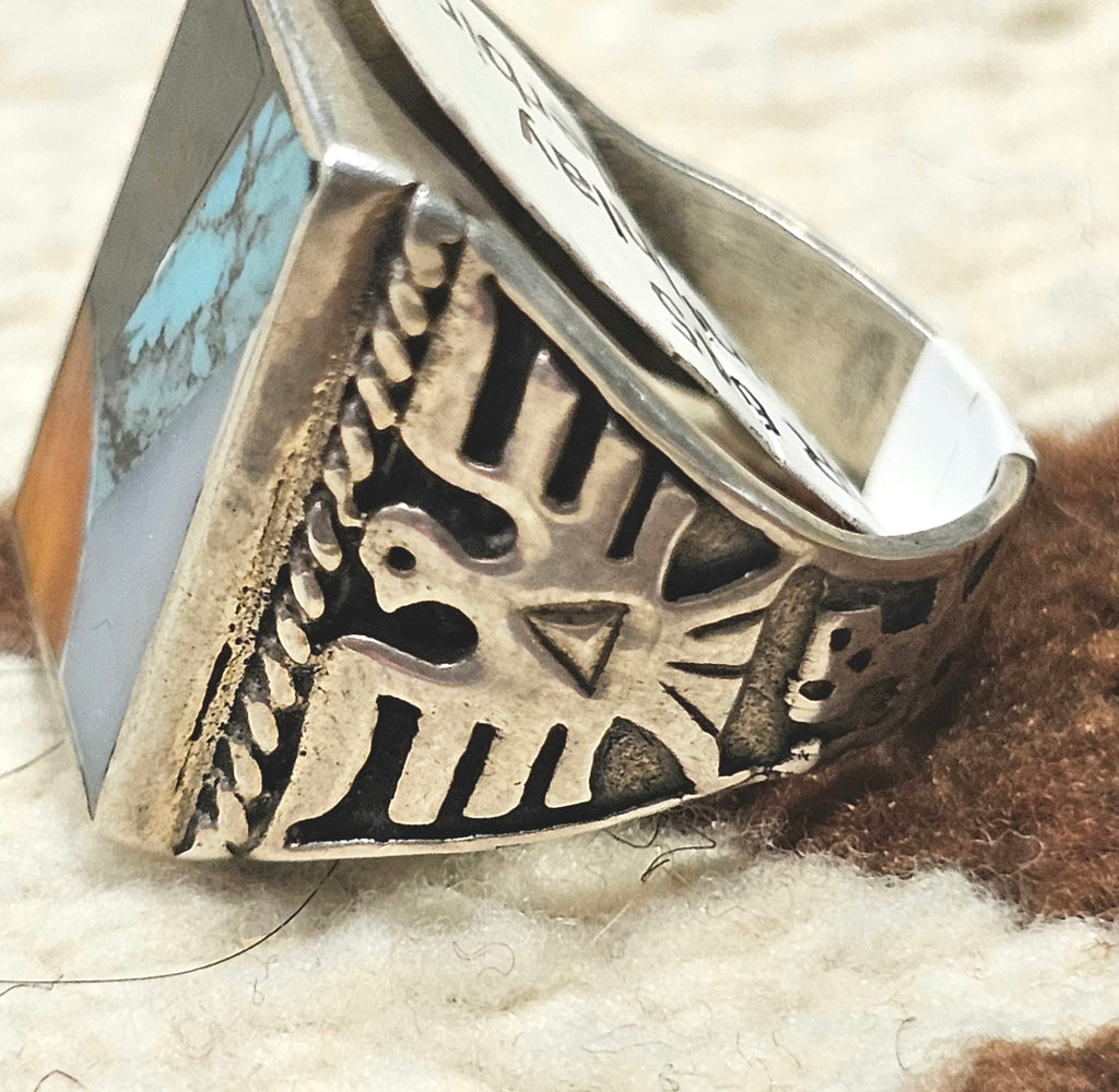 1950s Thunderbird Zuni Inlay Vintage Ring Sterling Old Pawn Size 10 JR 645